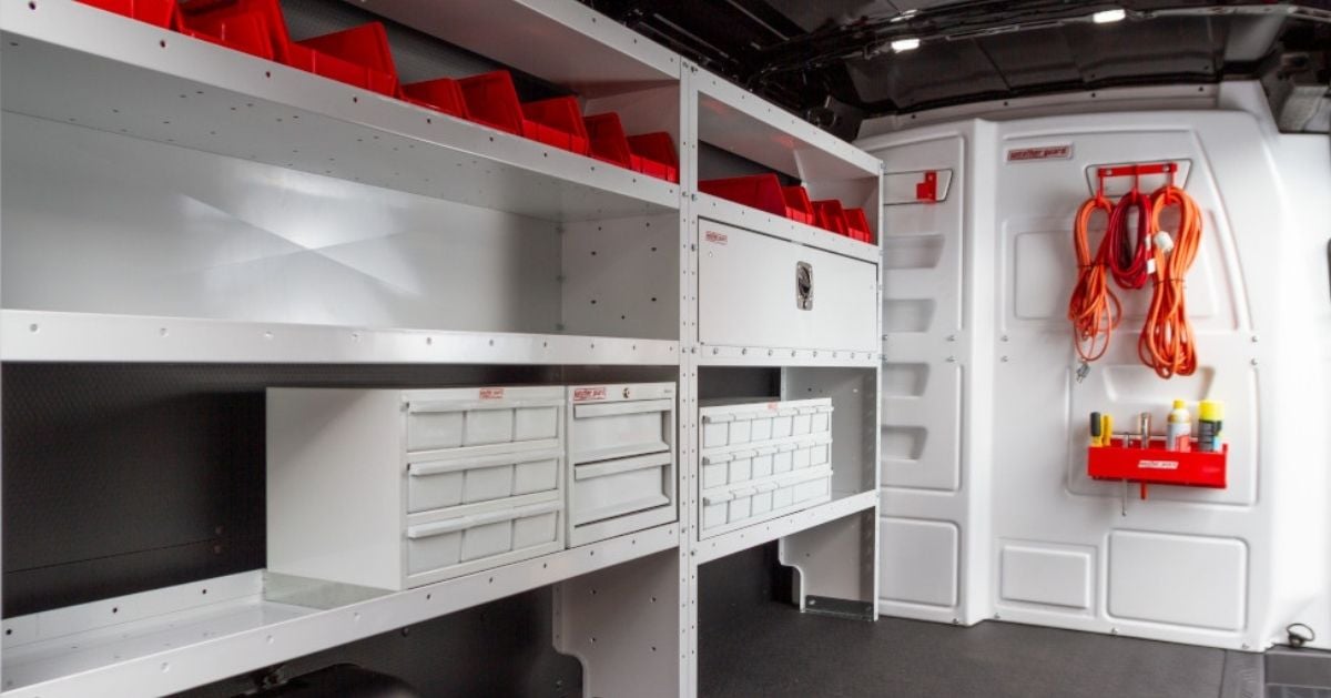 Van with custom built-in storage shelves